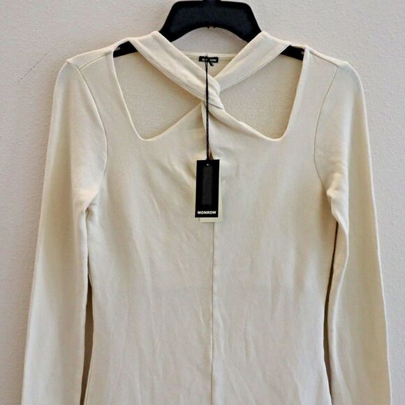 Monrow Women's Sz S Beige/Cream Twisty Neck Cutout Detail L/S Mini Dress - Picture 3 of 7